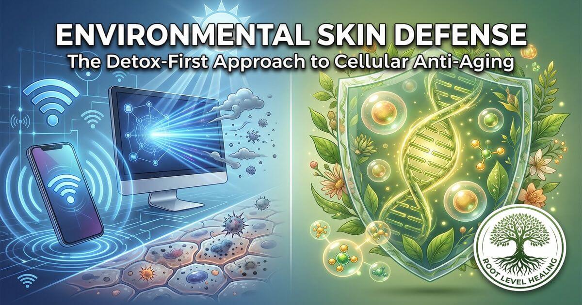 Environmental skin defense and anti-aging guide — detox-first approach to cellular anti-aging, exposome protection, and skin health optimization.